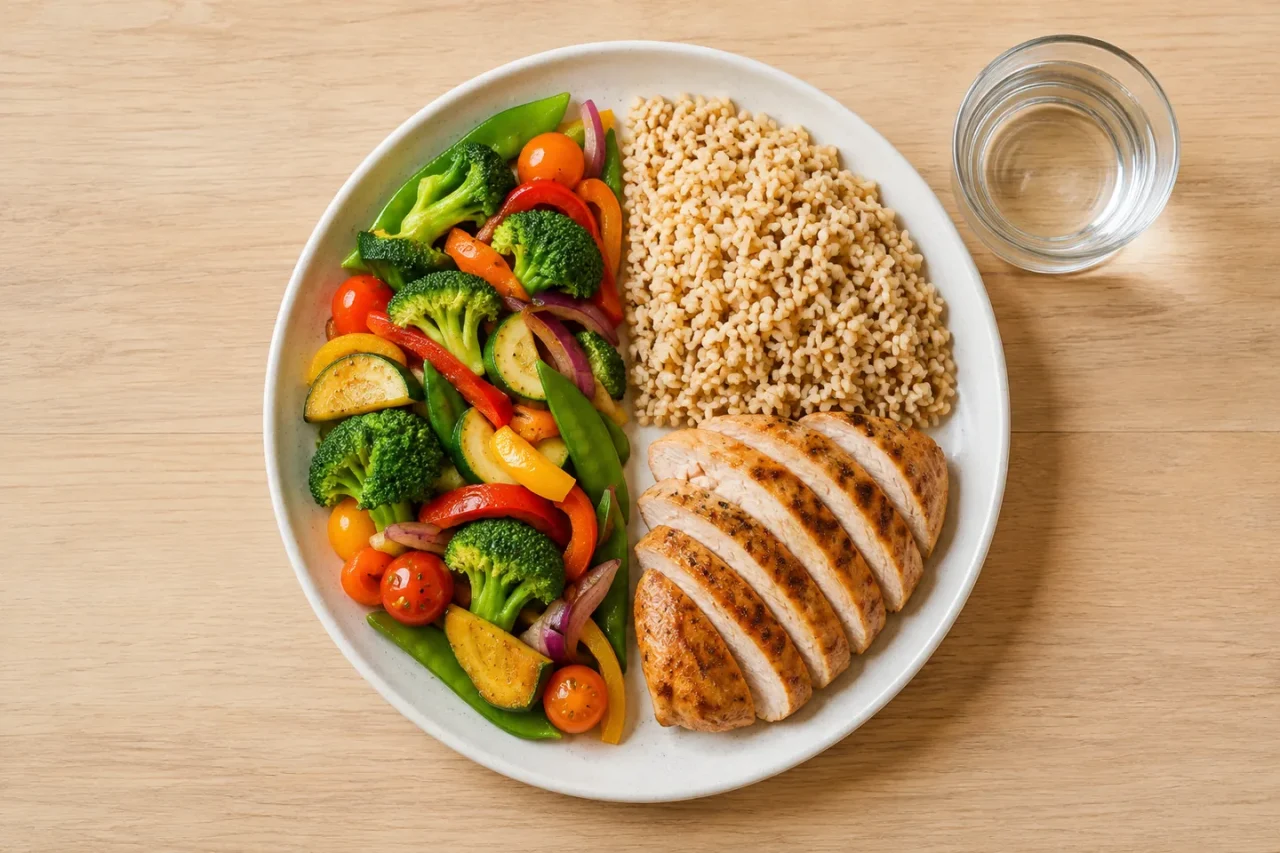 Example plate with half vegetables and one quarter each whole grains and protein