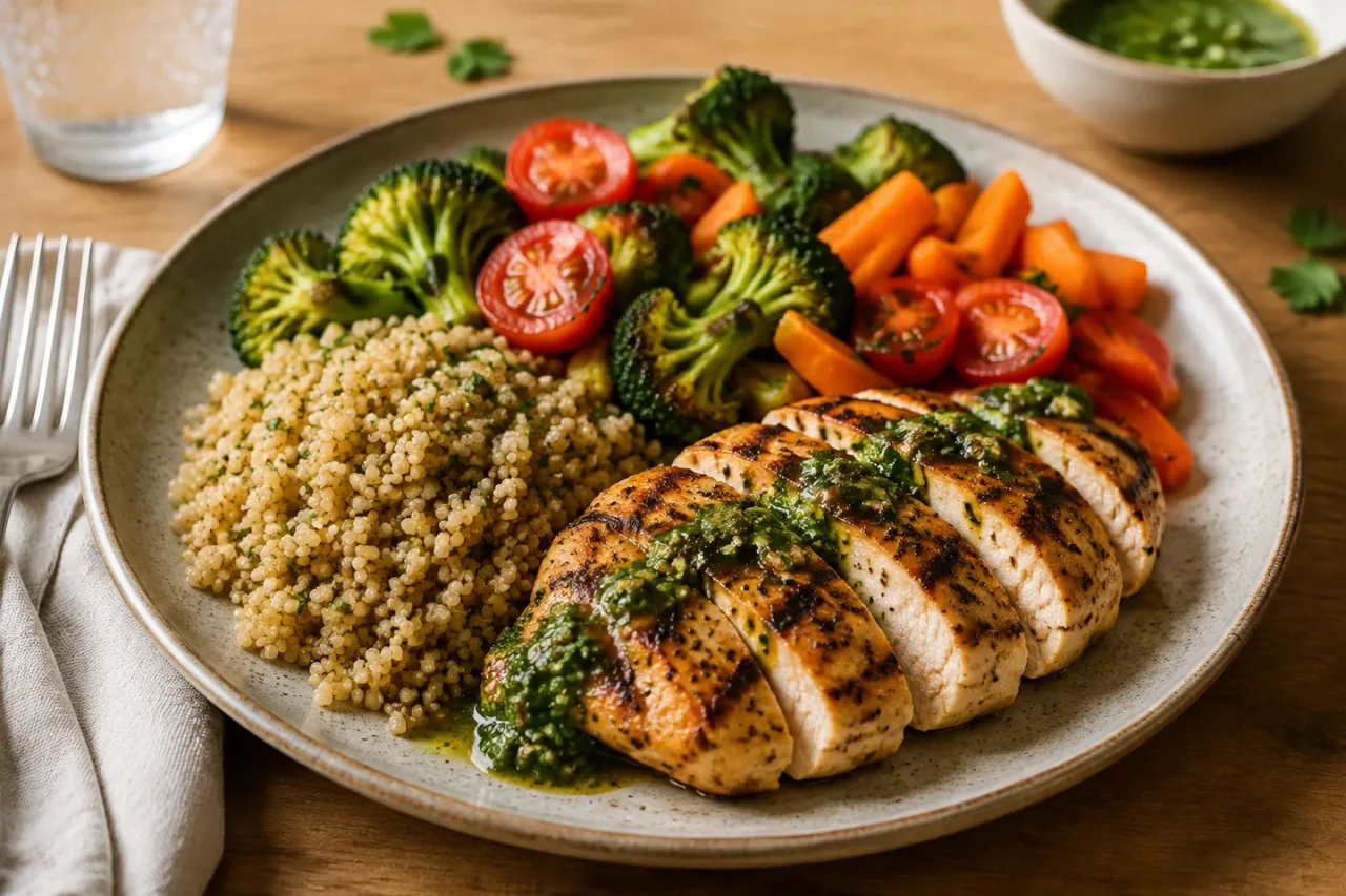 Balanced plate with vegetables, grains, protein, and a green sauce