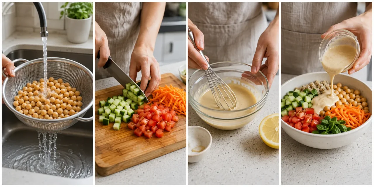 Four steps: rinse chickpeas, chop vegetables, whisk dressing, and assemble the bowl