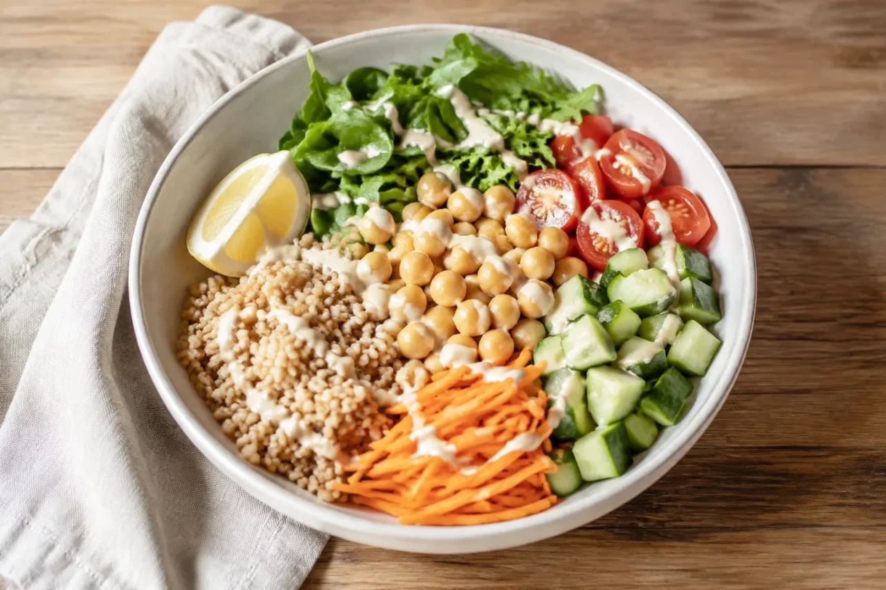 Chickpea, grain, and vegetable bowl with tahini dressing