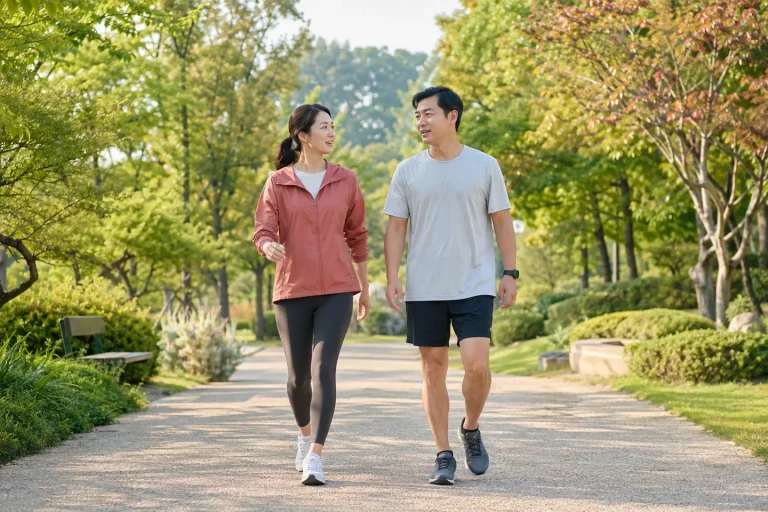 햇살이 드는 공원 길에서 나란히 걷는 두 성인