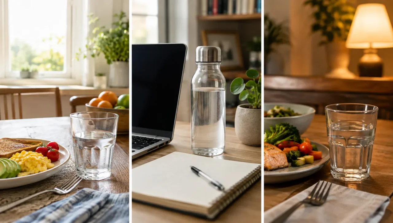 Water placed beside breakfast, a work desk, and dinner as everyday routine cues