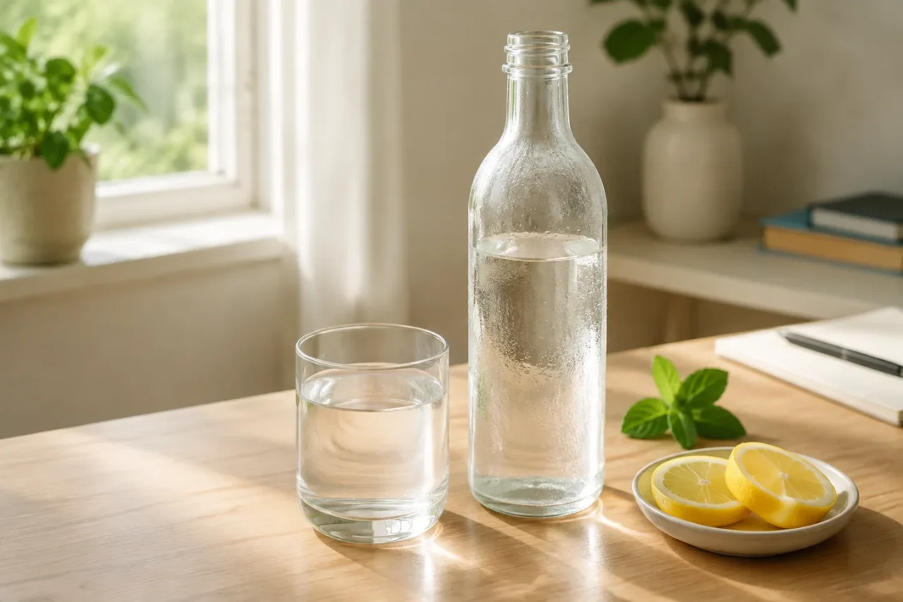 Reusable water bottle and drinking glass beside lemon slices